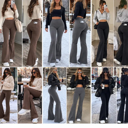 🔥 Women’s Fleece-Lined Flare Leggings with Pockets – High-Waisted Thermal Bell Bottom Pants