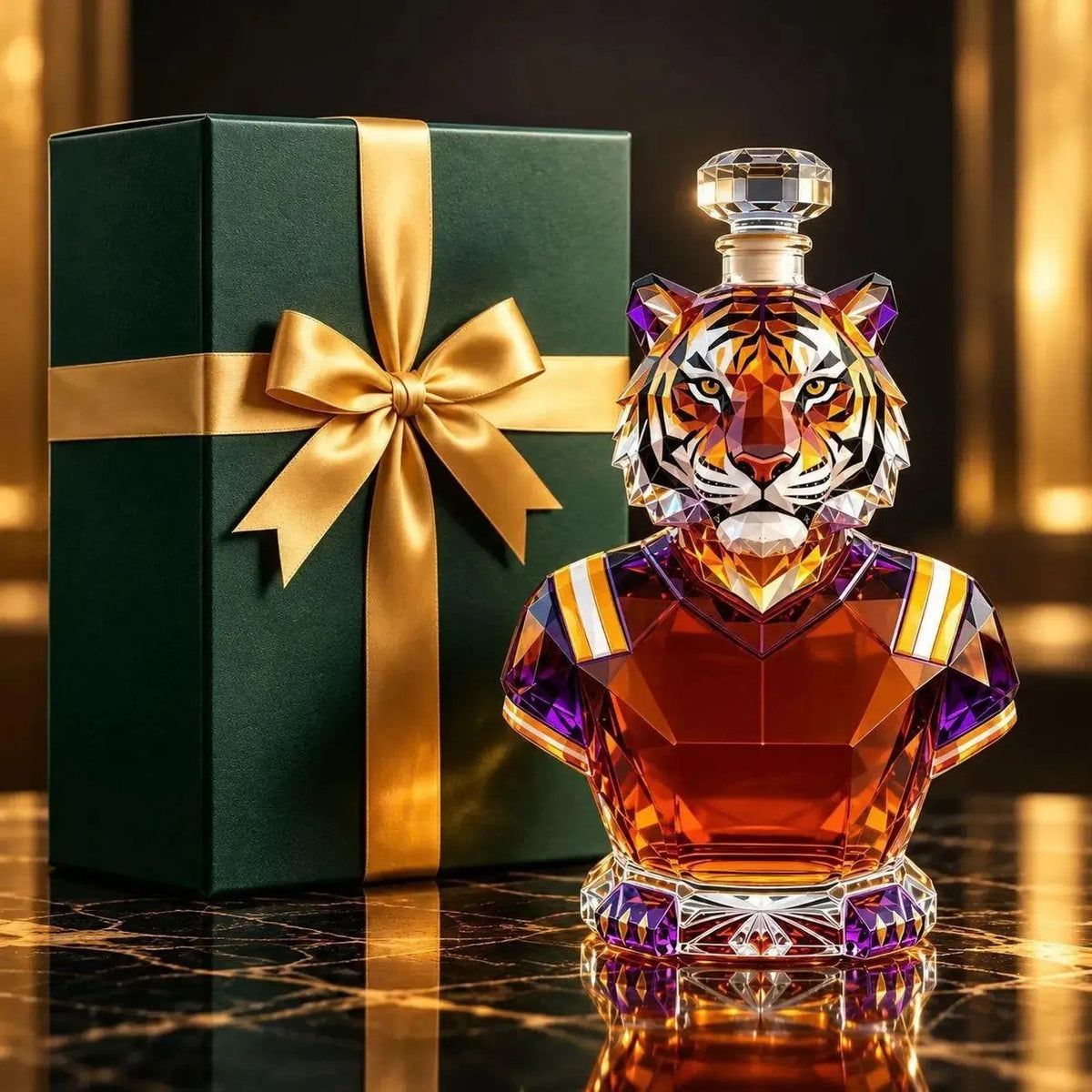 🐅 Geometric Crystal Tiger Whiskey Decanter – Purple & Gold Collector’s Bar Centerpiece