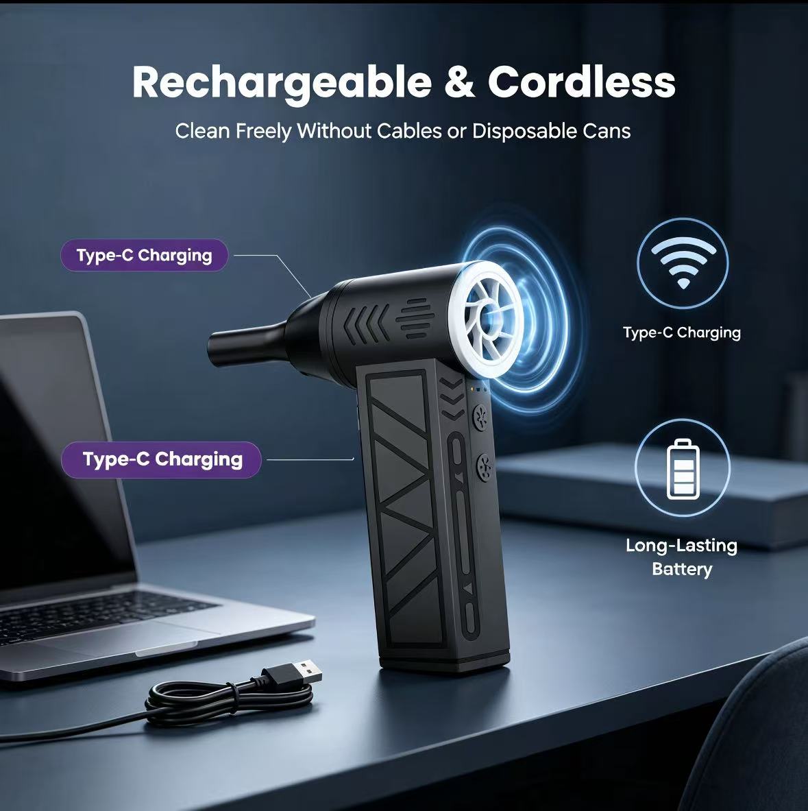 2-in-1 Cordless Air Duster & Vacuum - 130,000 RPM Rechargeable Turbo Blower