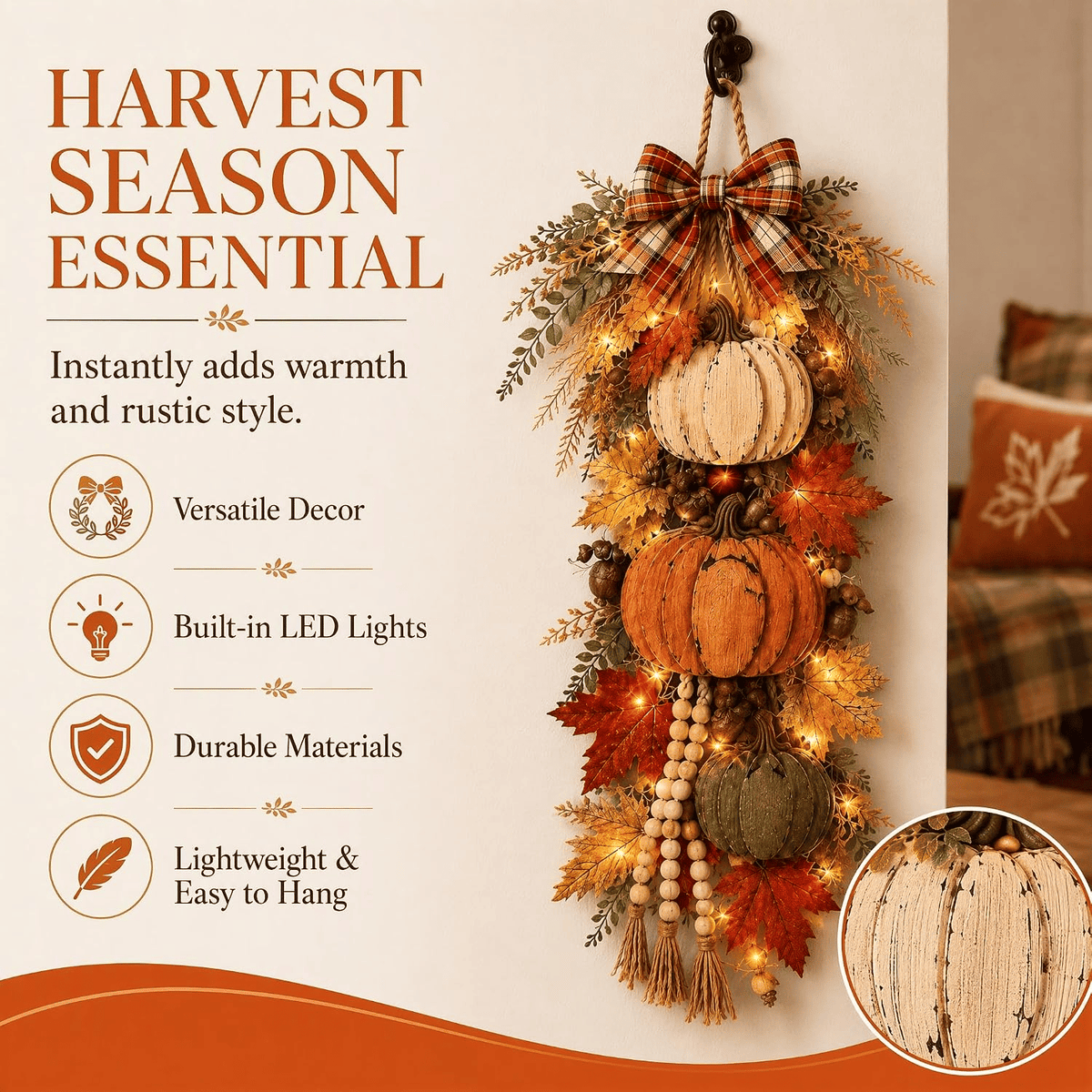 🎃 Lighted Rustic Wooden Pumpkin Door Hanger – Farmhouse Fall Porch & Thanksgiving Decor