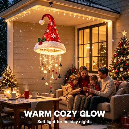 🎅✨Light‐Up Santa Hat Hanging Chandelier, Plush Christmas Pendant Light with Hanging Ornaments, Indoor & Covered Porch Holiday Decoration