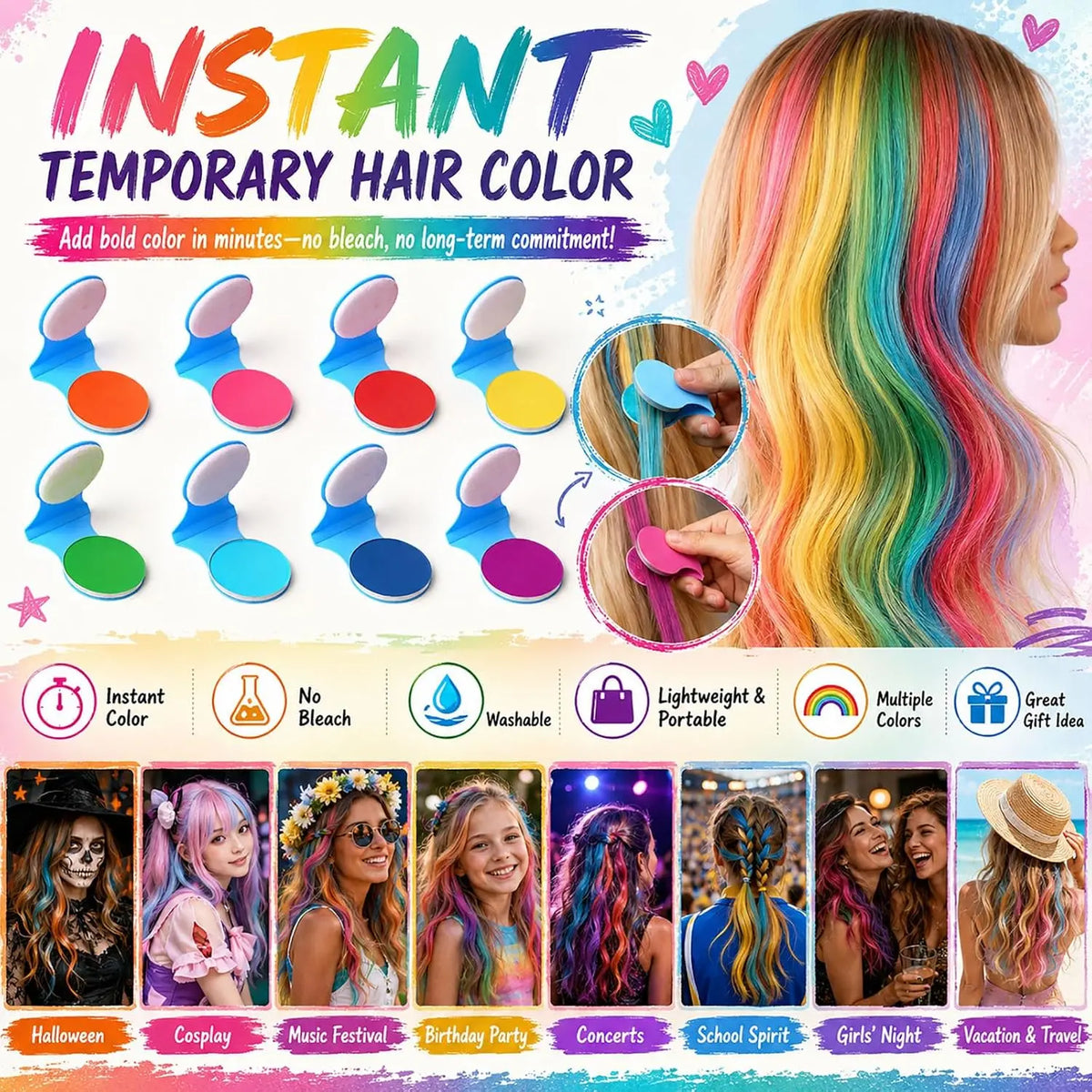 🌈 61% OFF 6/12PCS Temporary Hair Chalk Clips – Instant Washable Color, No Bleach Needed