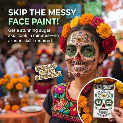 Mexican Dia De Los Muertos Temporary Face Tattoos - Sugar Skull Floral Face Decals 🎭