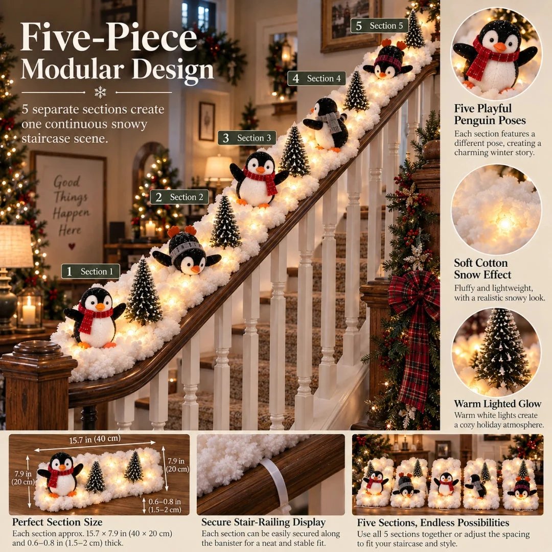 🐧 5-Piece Lighted Penguin Christmas Staircase Railing Decoration with Snowy Trees 🎄