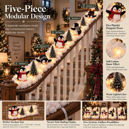🐧 5-Piece Lighted Penguin Christmas Staircase Railing Decoration with Snowy Trees 🎄