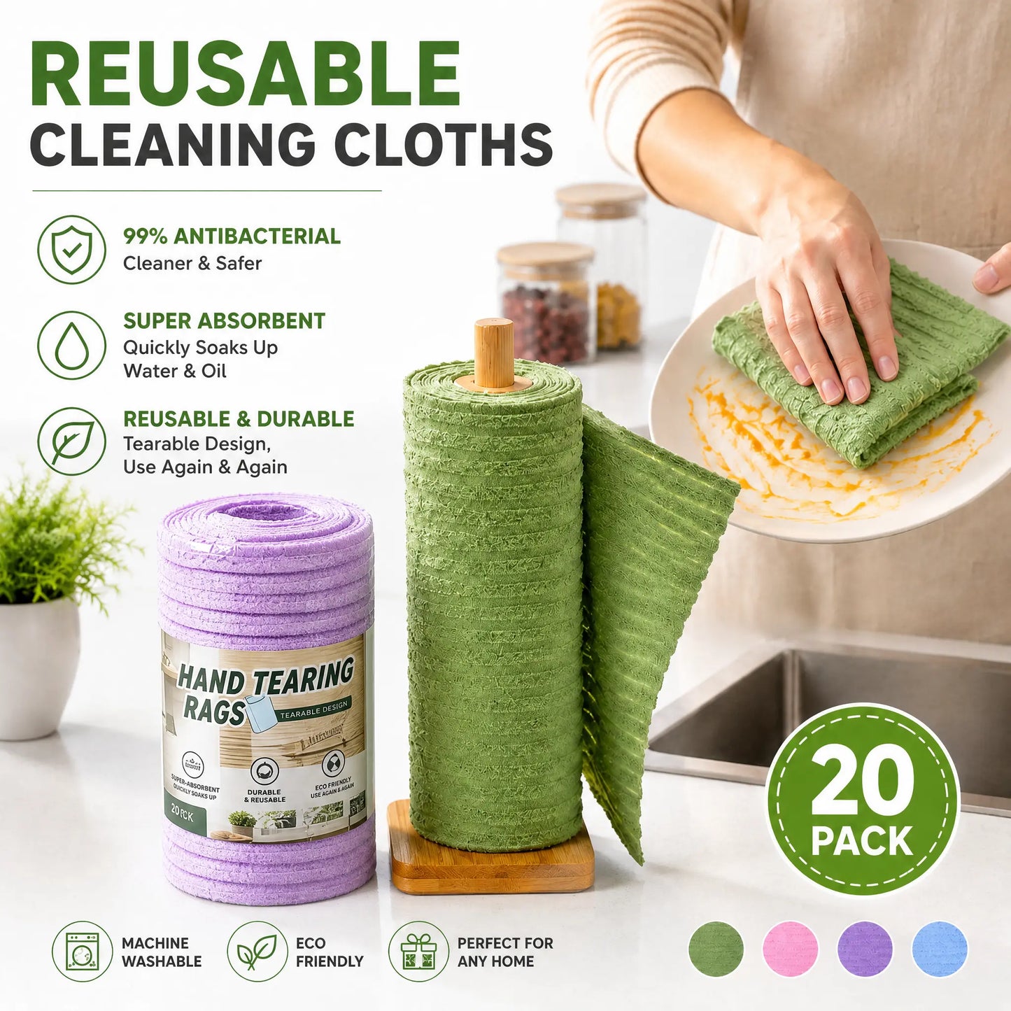 🔥 50% OFF Tearable Reusable Cleaning Cloth Roll 🧽 Washable & Super Absorbent for Kitchen & Home