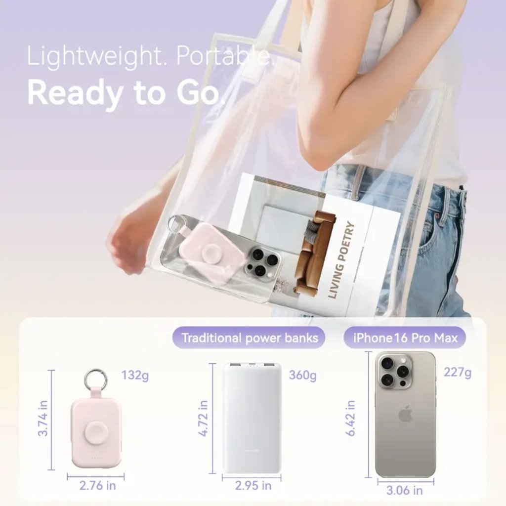 🔋5000mAh Portable Power Bank with Built-in Cables – 3-in-1 Travel Keychain Charger for iPhone, Apple Watch & AirPods, Compact Fast Charging Battery Pack