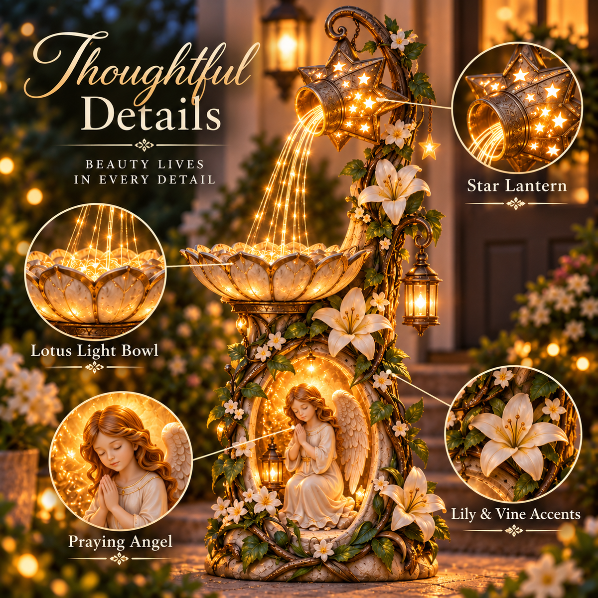 🔥 Last Day 49% OFF👼✨ Angel Starlight Cascading Garden Fountain with Illuminated Star & Lily Accents 🌸