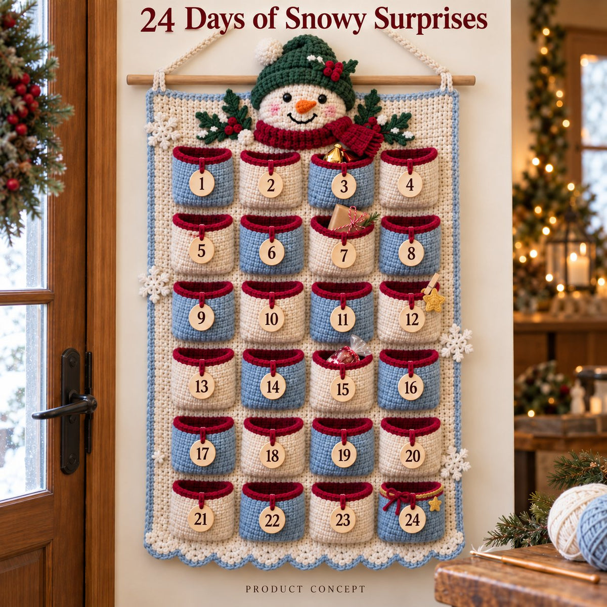 ⏳ Last Day 49% OFF – 🎄 24-Pocket DIY Christmas Crochet Advent Calendar Kit with Moveable Star Marker 🧶