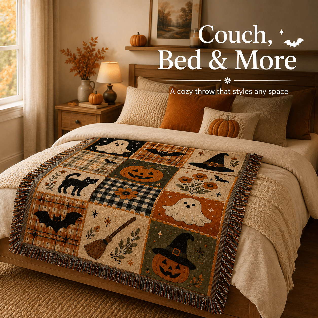 🎃 50% OFF Vintage Halloween Woven Throw 🍂 12-Tile Jacquard Blanket with Fringe