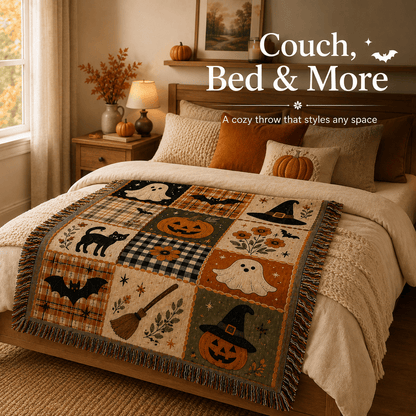 🎃 50% OFF Vintage Halloween Woven Throw 🍂 12-Tile Jacquard Blanket with Fringe
