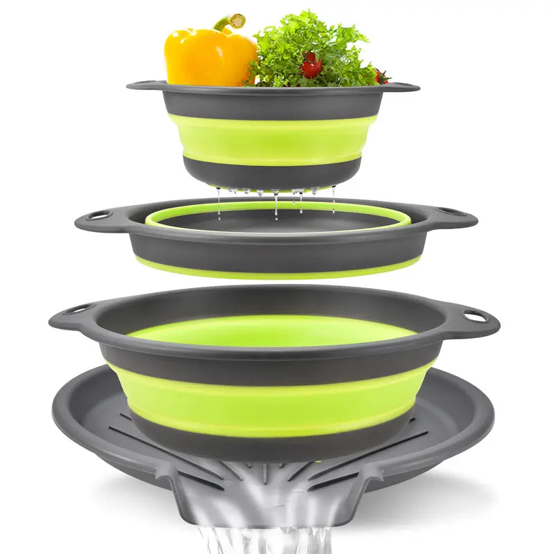 ⚡ 50% OFF 3-Piece Collapsible Colanders with Drainage Base 💧 Rinse, Drain & Store With Ease