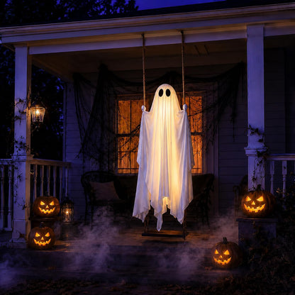 👻Halloween Decorations Outdoor - 5FT Large Hanging Ghost Swing with Remote Control