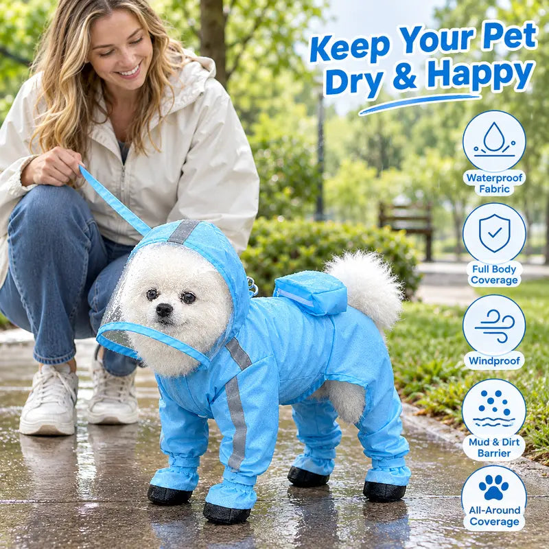 🐶Waterproof 4-Leg Dog Raincoat with Hood & Attached Boots