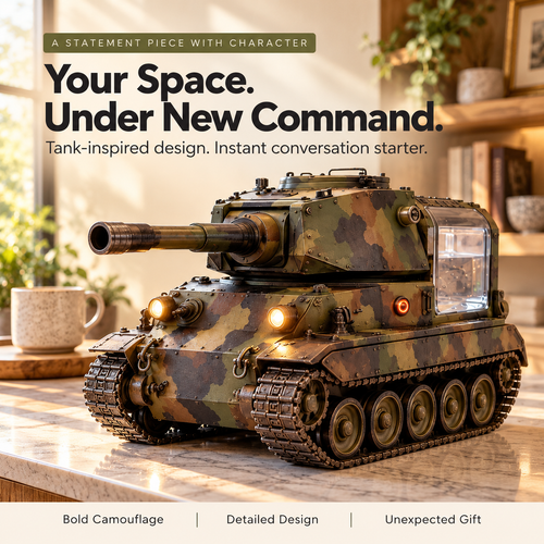🪖☕ Tank-Inspired Coffee Corner Decor – Camouflage Collectible Desk Display, Military-Style Statement Piece & Unique Gift 🎁