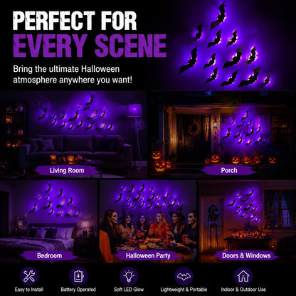 🦇Halloween decorative items - 3D black bat wall stickers with LED lights