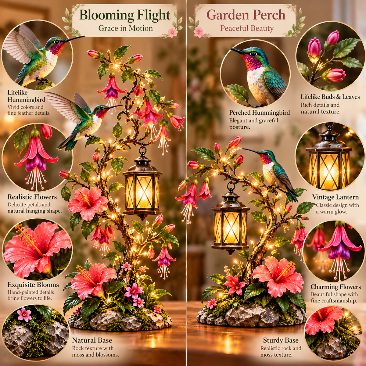 ⏰Limited Stock 50% OFF - 🌺 Hummingbird Garden Lantern Light | Lighted Floral Table Decor