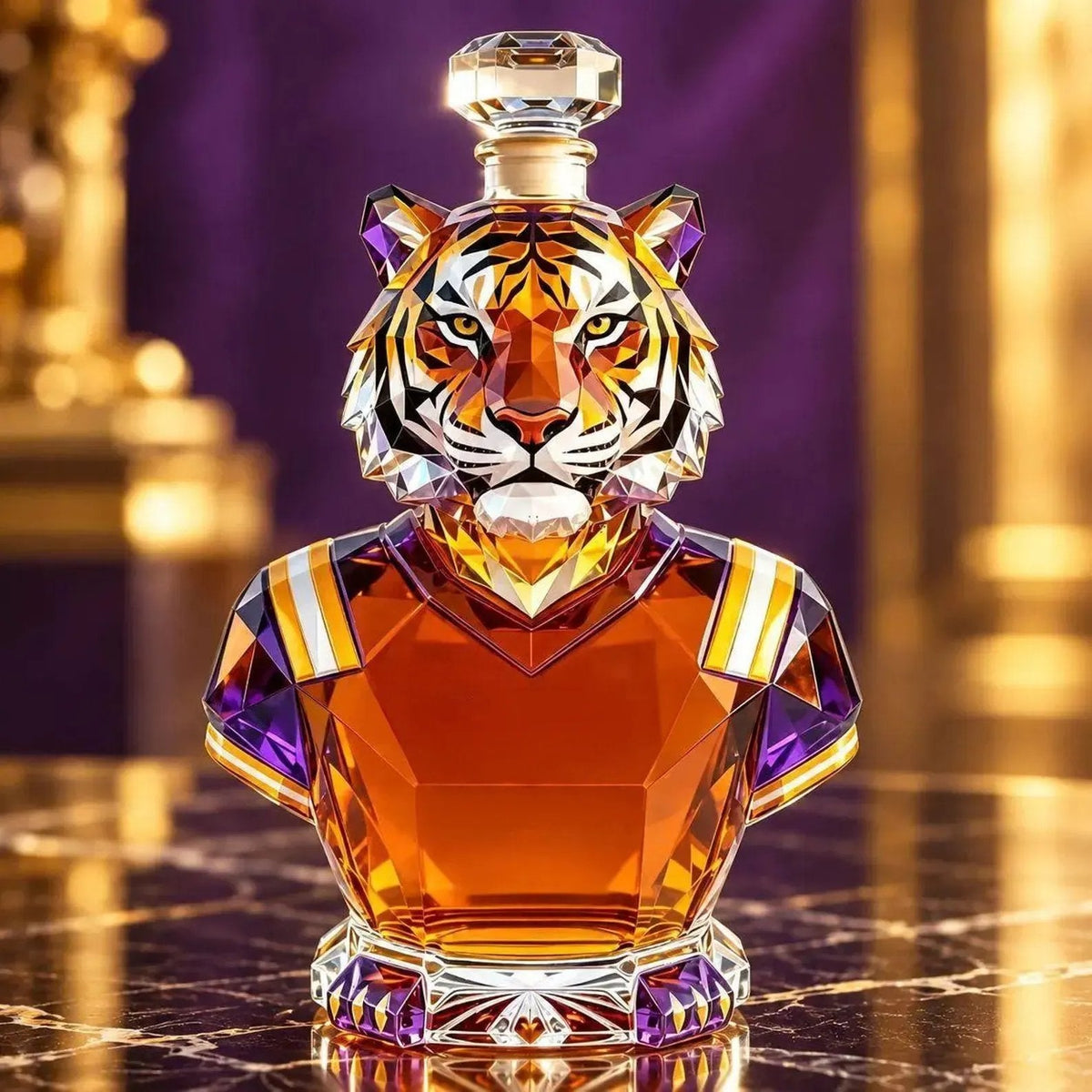 🐅 Geometric Crystal Tiger Whiskey Decanter – Purple & Gold Collector’s Bar Centerpiece