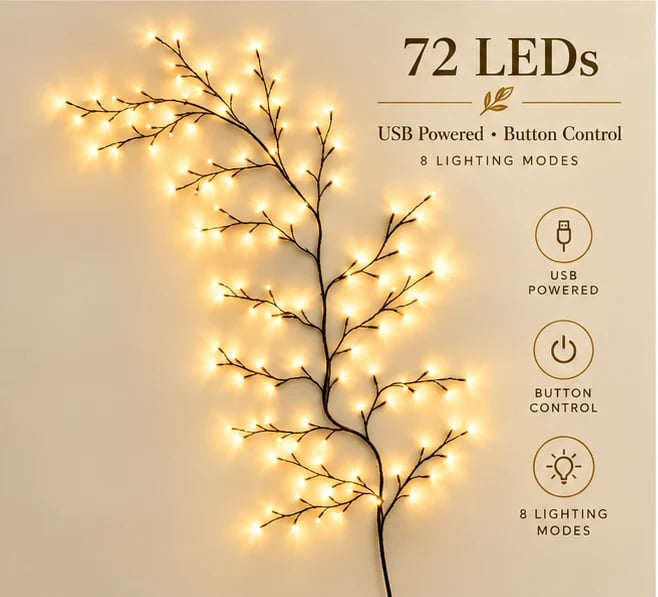 🎄 Flexible Christmas Vine Branch Wall Lights with 8 Modes & Remote Control ✨