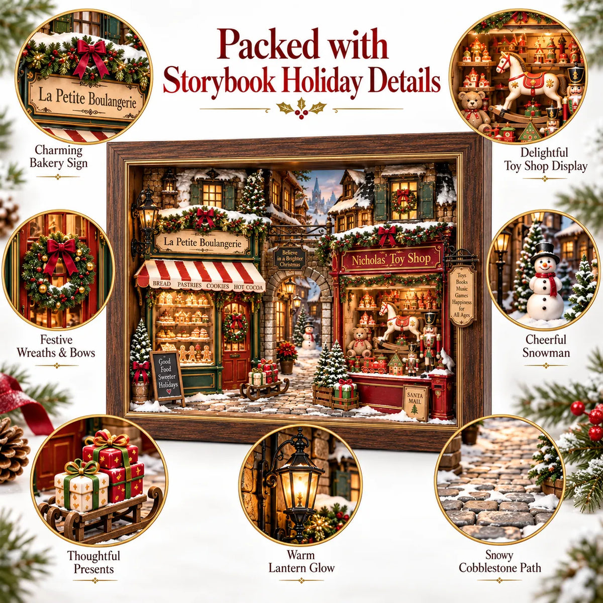 🎄 Old World Christmas 3D Wooden Shadow Box Snowy Village Holiday Keepsake Decor 🎁