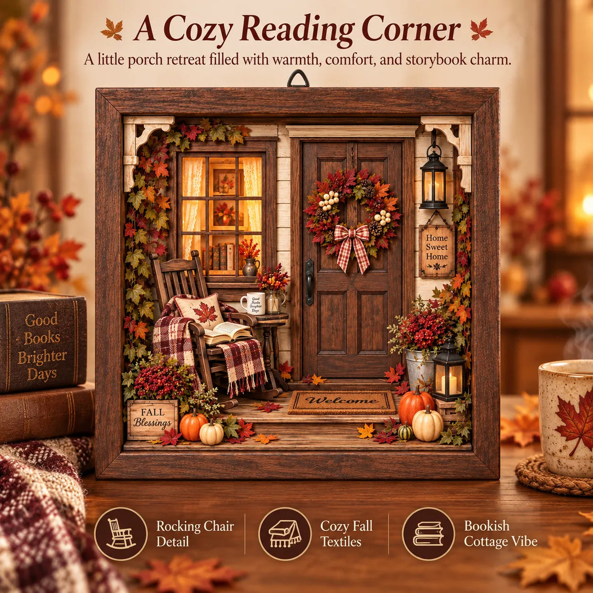 🍂 Autumn Reading Porch DIY 3D Wooden Shadow Box Craft Kit for Fall Decor 📚