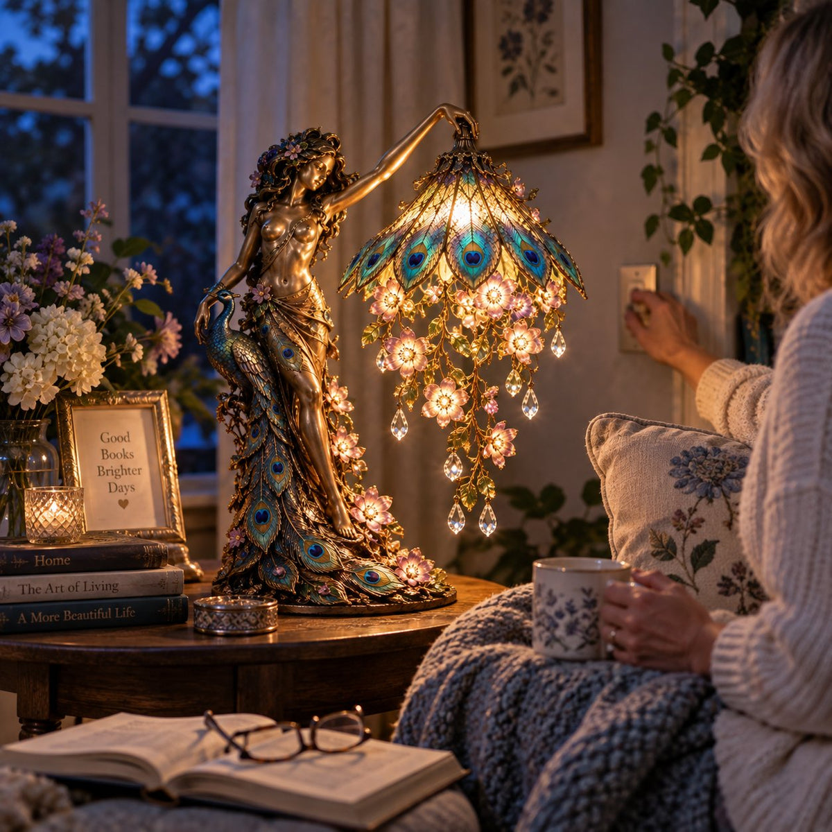 🦚 Elegant Peacock Lady Stained Glass Style Floral Accent Table Lamp with Ambient Glow ✨