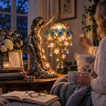 🦚 Elegant Peacock Lady Stained Glass Style Floral Accent Table Lamp with Ambient Glow ✨