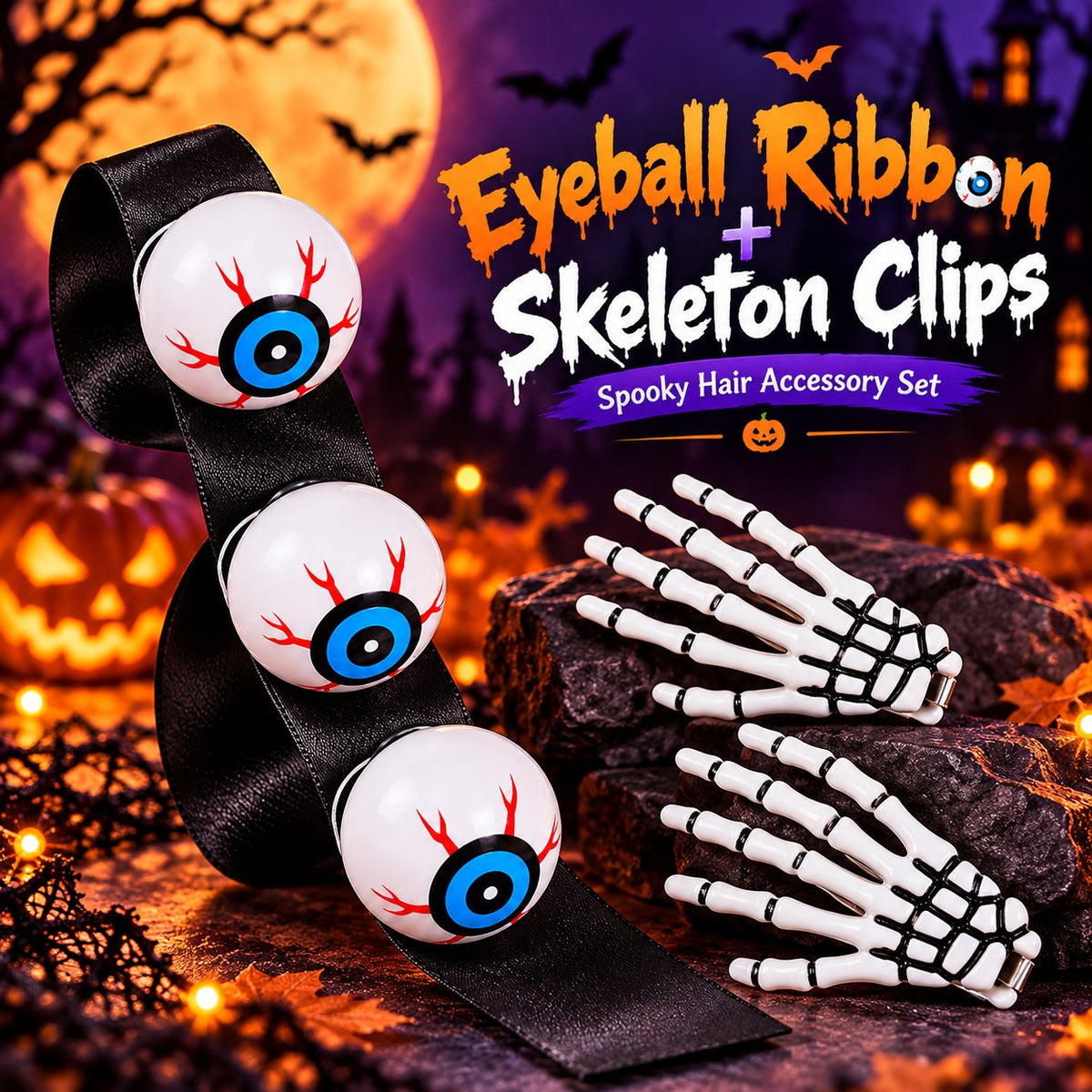 💀Halloween Skeleton Hand Hair Clips & Bloody Eyeball Hair Ties