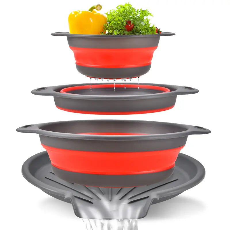 ⚡ 50% OFF 3-Piece Collapsible Colanders with Drainage Base 💧 Rinse, Drain & Store With Ease