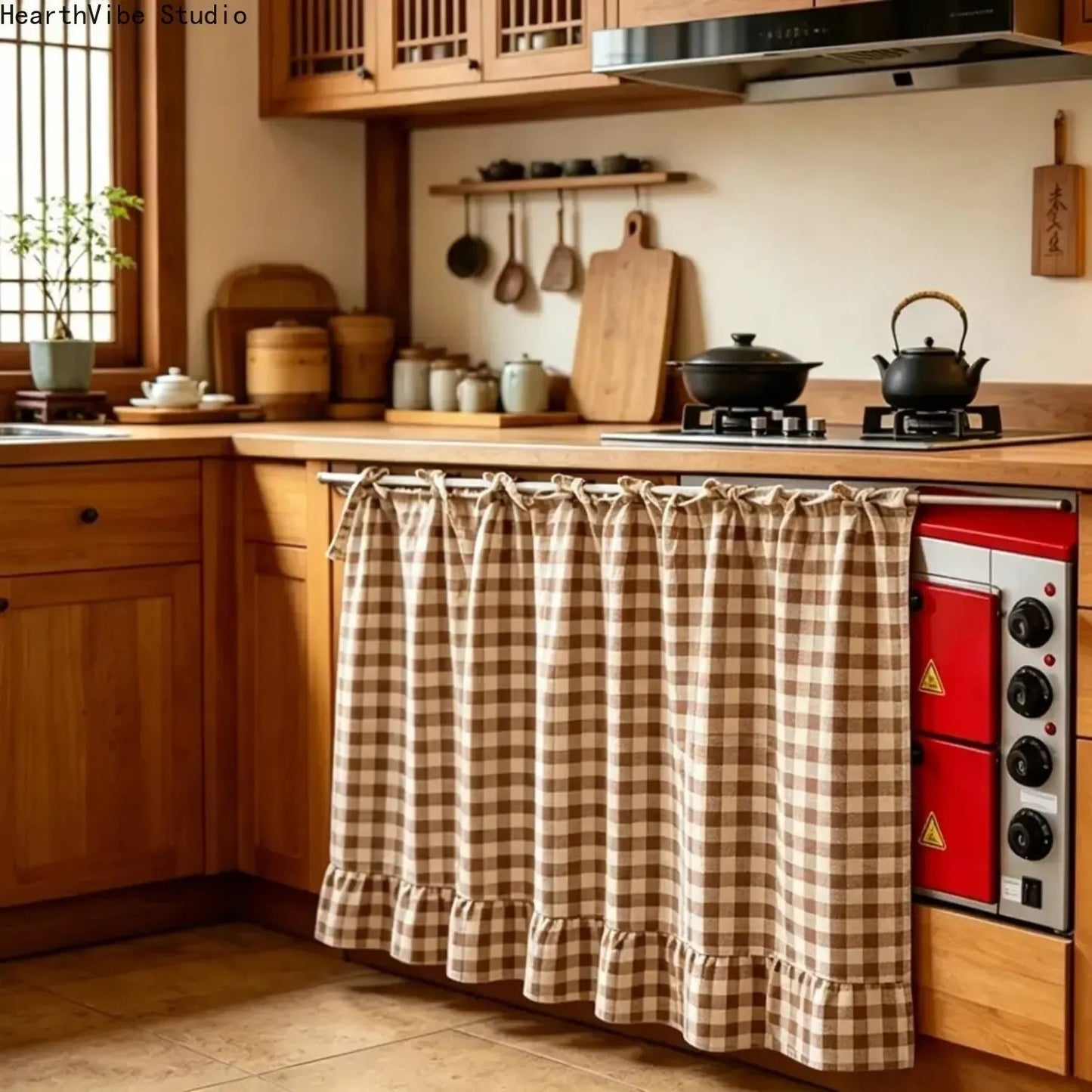 ✨2026 Farmhouse-Style Stove Curtain, Gingham Grid Ruffle-Edge Tier Curtains