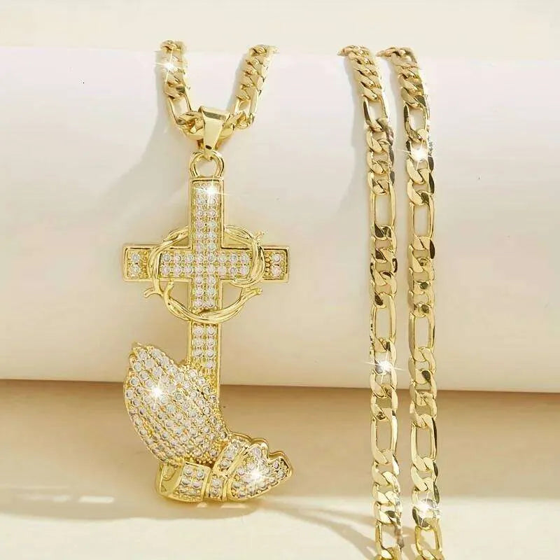 Cross & Prayer Hands Pendant Necklace