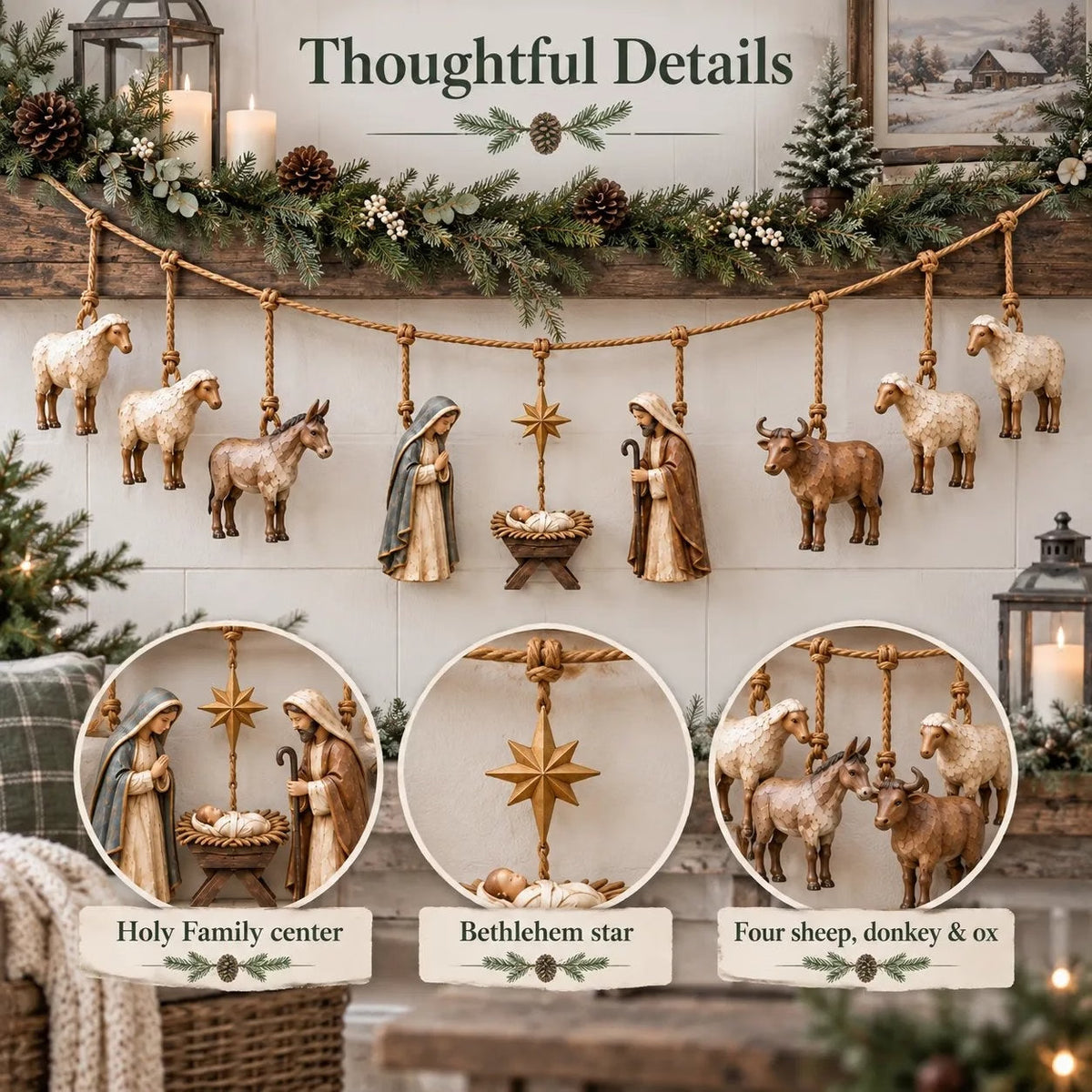 🎄 Handcrafted Wooden Nativity Garland – Rustic Christmas Decor