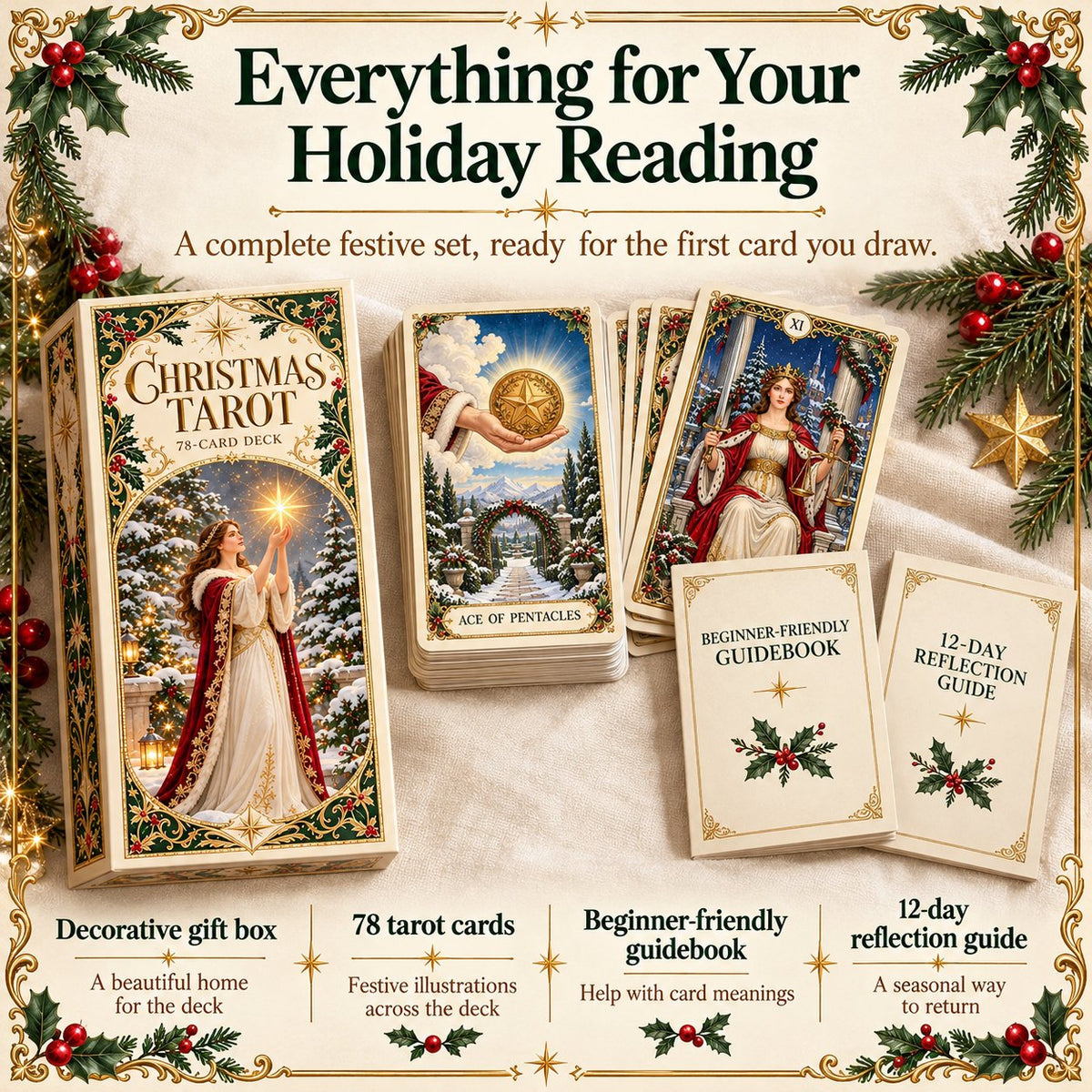 Last Day 49% OFF🎉-🔮  Complete 78-Card Christmas Holiday Tarot Deck with Guidebook & Gift Box 🎄