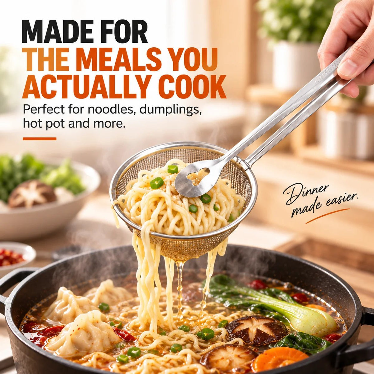 🔥2-in-1 Stainless Steel Strainer Tongs – Grab, Drain & Serve with One Tool