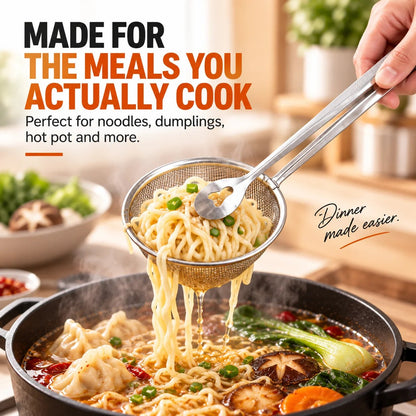 🔥2-in-1 Stainless Steel Strainer Tongs – Grab, Drain & Serve with One Tool