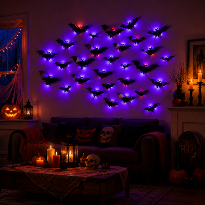 Halloween LED Bat Wall Decor – 3D Glitter Flying Bat Stickers for Spooky Party, Room & Window Decorations