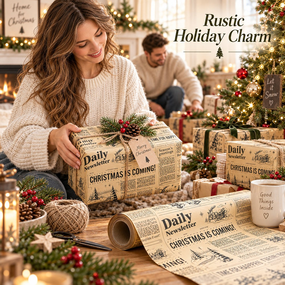 📰 Vintage Newspaper Christmas Kraft Wrapping Paper Mini Roll for Gifts & DIY 🎄