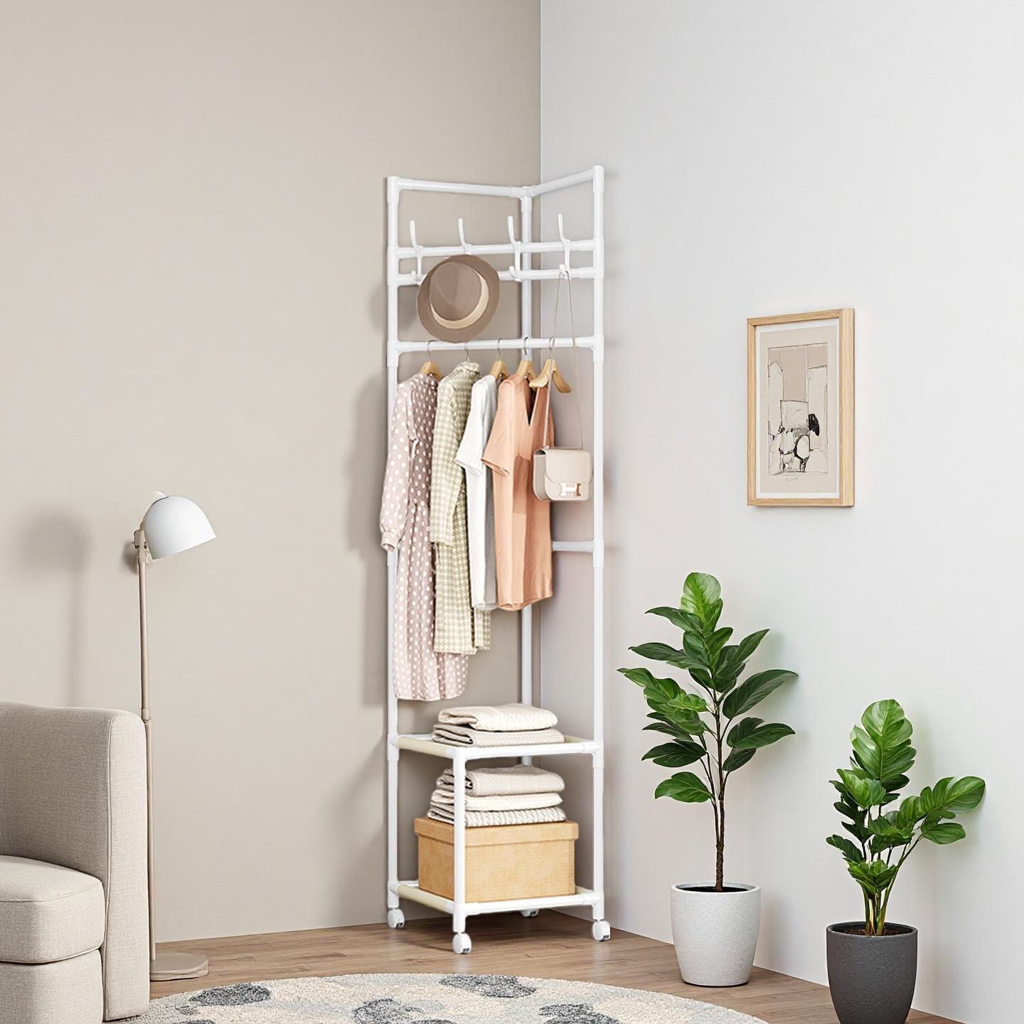 🔥 50% OFF Freestanding Corner Garment Rack with Hooks, Shelves & Wheels
