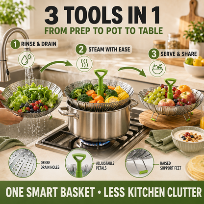 🥦 48% OFF 3-in-1 Adjustable Folding Steamer Basket ✨ Steam, Rinse & Serve with Ease