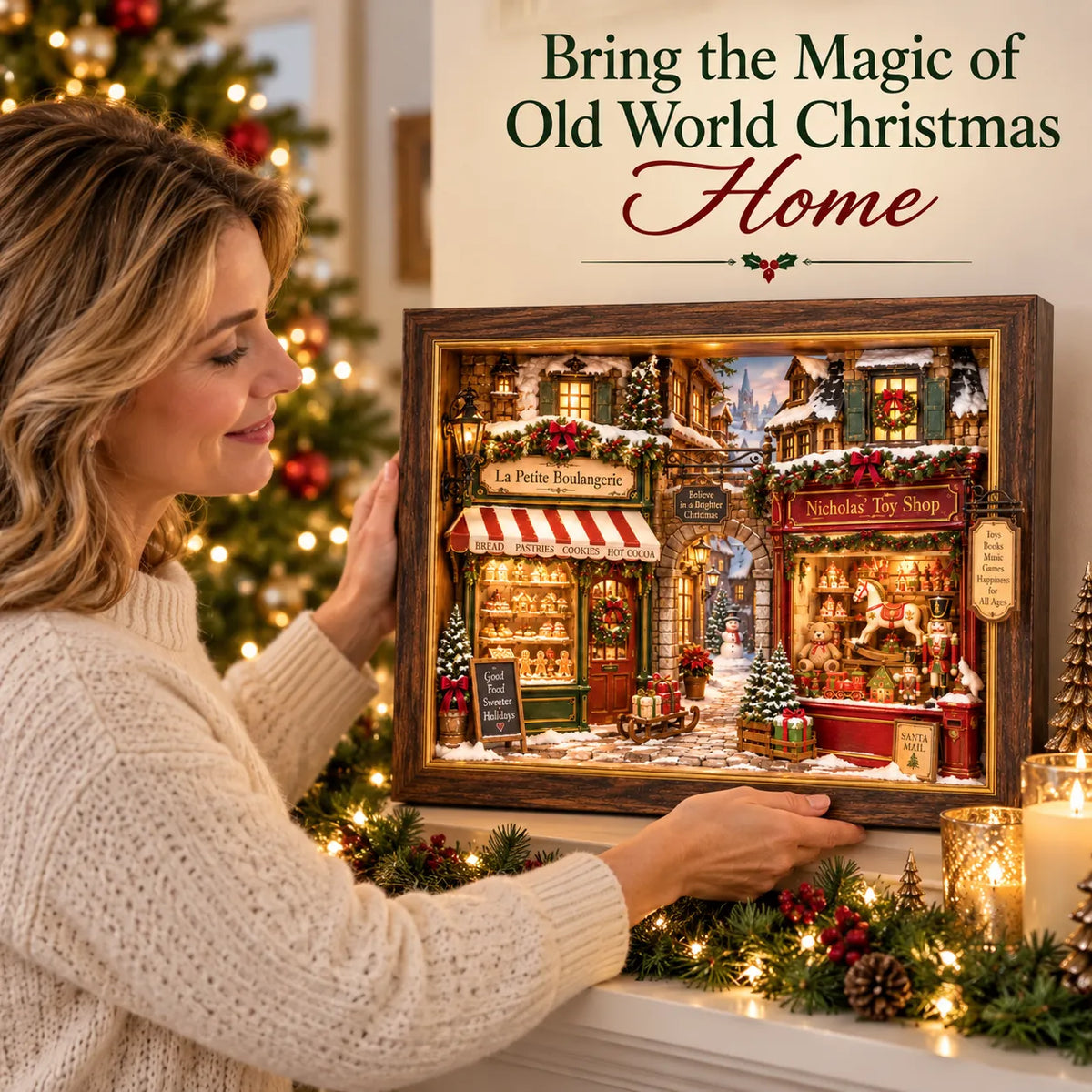 🎄 Old World Christmas 3D Wooden Shadow Box Snowy Village Holiday Keepsake Decor 🎁