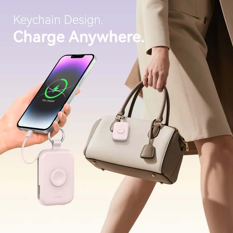 🔋5000mAh Portable Power Bank with Built-in Cables – 3-in-1 Travel Keychain Charger for iPhone, Apple Watch & AirPods, Compact Fast Charging Battery Pack