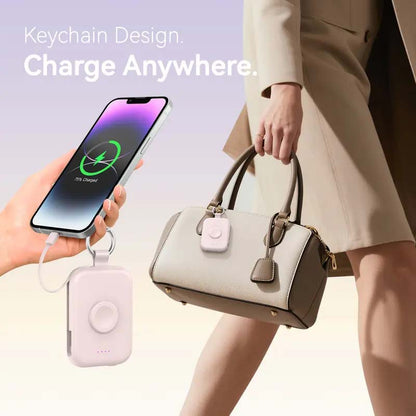 🔋5000mAh Portable Power Bank with Built-in Cables – 3-in-1 Travel Keychain Charger for iPhone, Apple Watch & AirPods, Compact Fast Charging Battery Pack