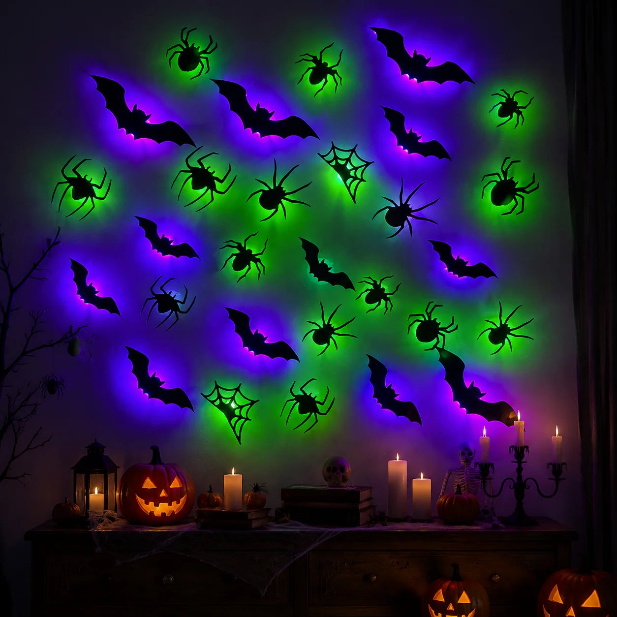 🦇Halloween decorative items - 3D black bat wall stickers with LED lights