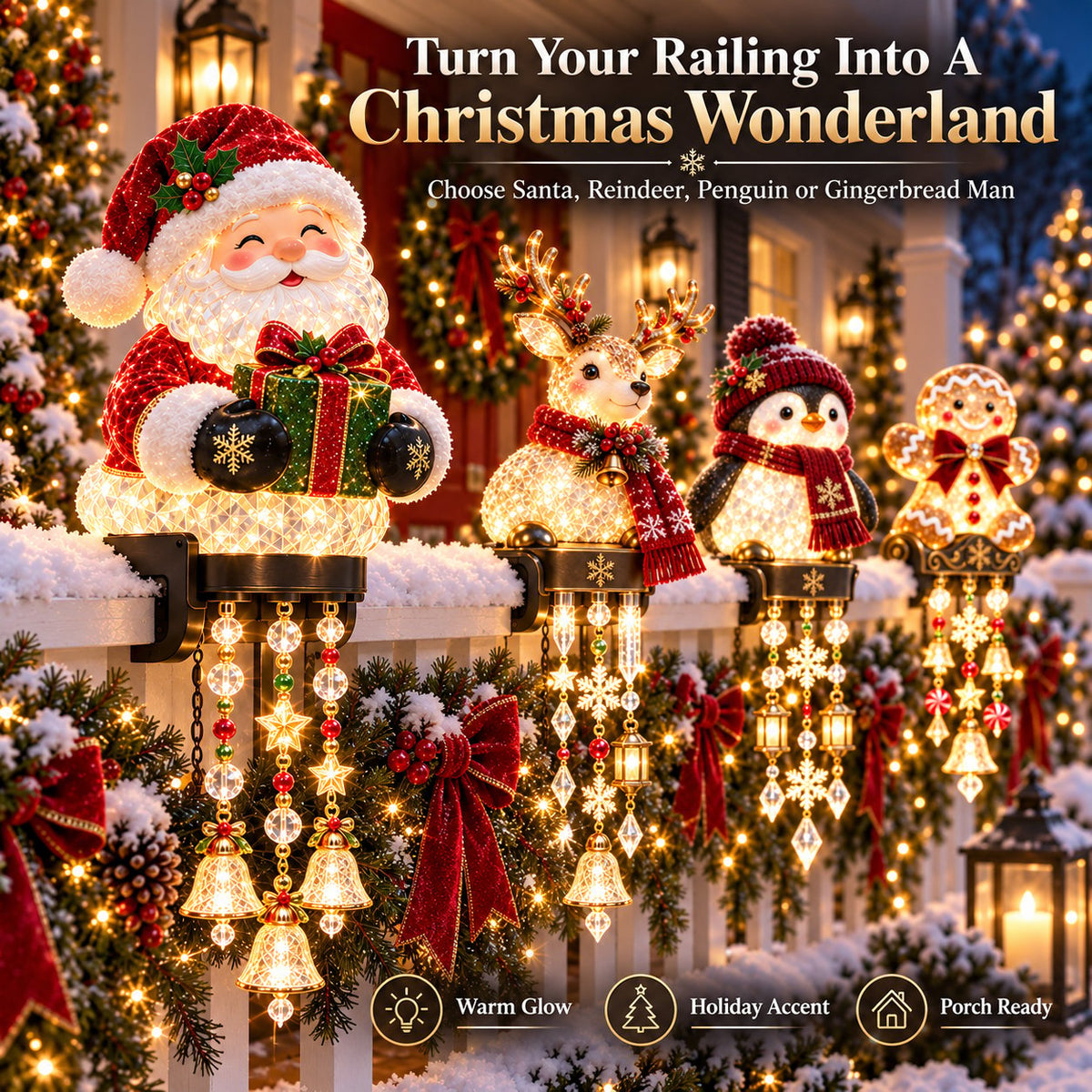 ✨ Lighted Christmas Porch Railing Hanging Characters with Cascading LED Ornaments 🎄
