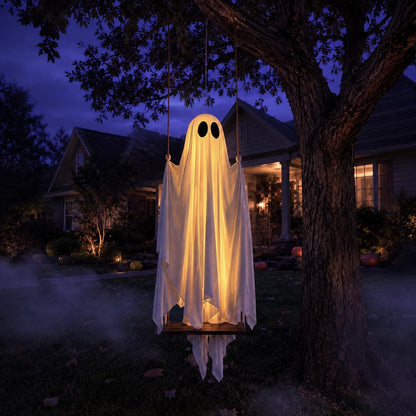 👻Halloween Decorations Outdoor - 5FT Large Hanging Ghost Swing with Remote Control