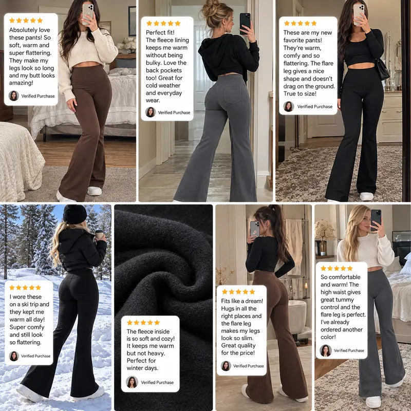 🔥 Women’s Fleece-Lined Flare Leggings with Pockets – High-Waisted Thermal Bell Bottom Pants