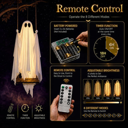 👻Halloween Decorations Outdoor - 5FT Large Hanging Ghost Swing with Remote Control