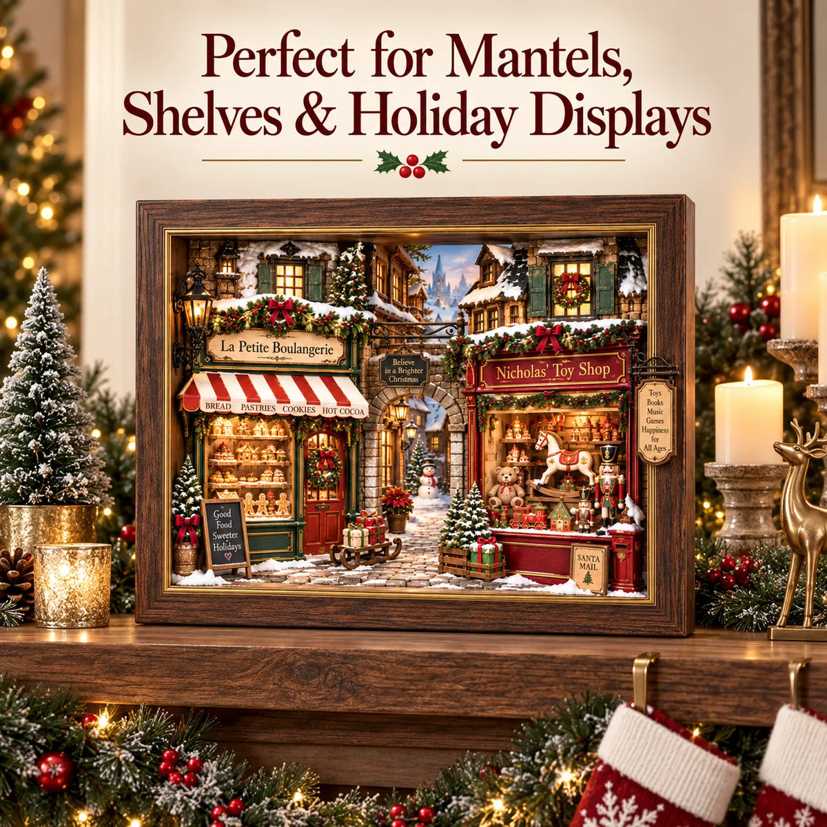 🎄 Old World Christmas 3D Wooden Shadow Box Snowy Village Holiday Keepsake Decor 🎁