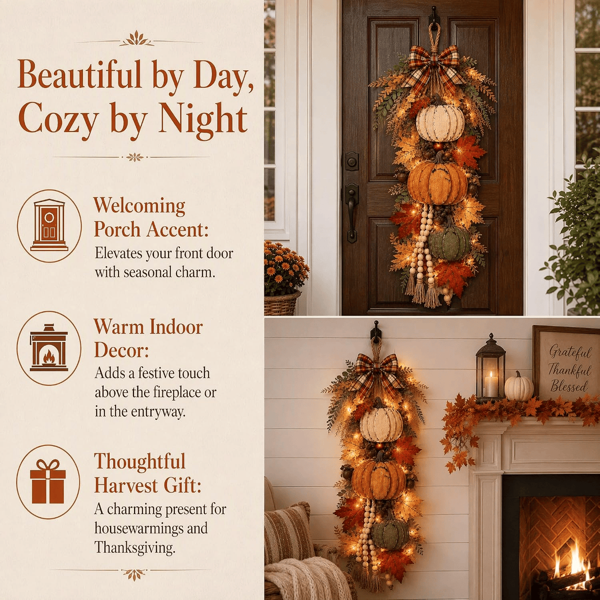 🎃 Lighted Rustic Wooden Pumpkin Door Hanger – Farmhouse Fall Porch & Thanksgiving Decor
