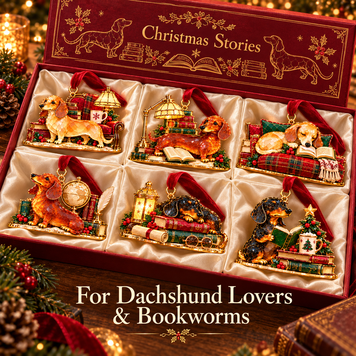 🐶Dachshund Cozy Library Christmas Ornament – A Little Story for Your Tree 🐾